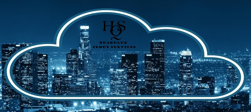 Drawing outline of a cloud over a real skyline at night with the company logo of HQS Nuageaux Cloud Services