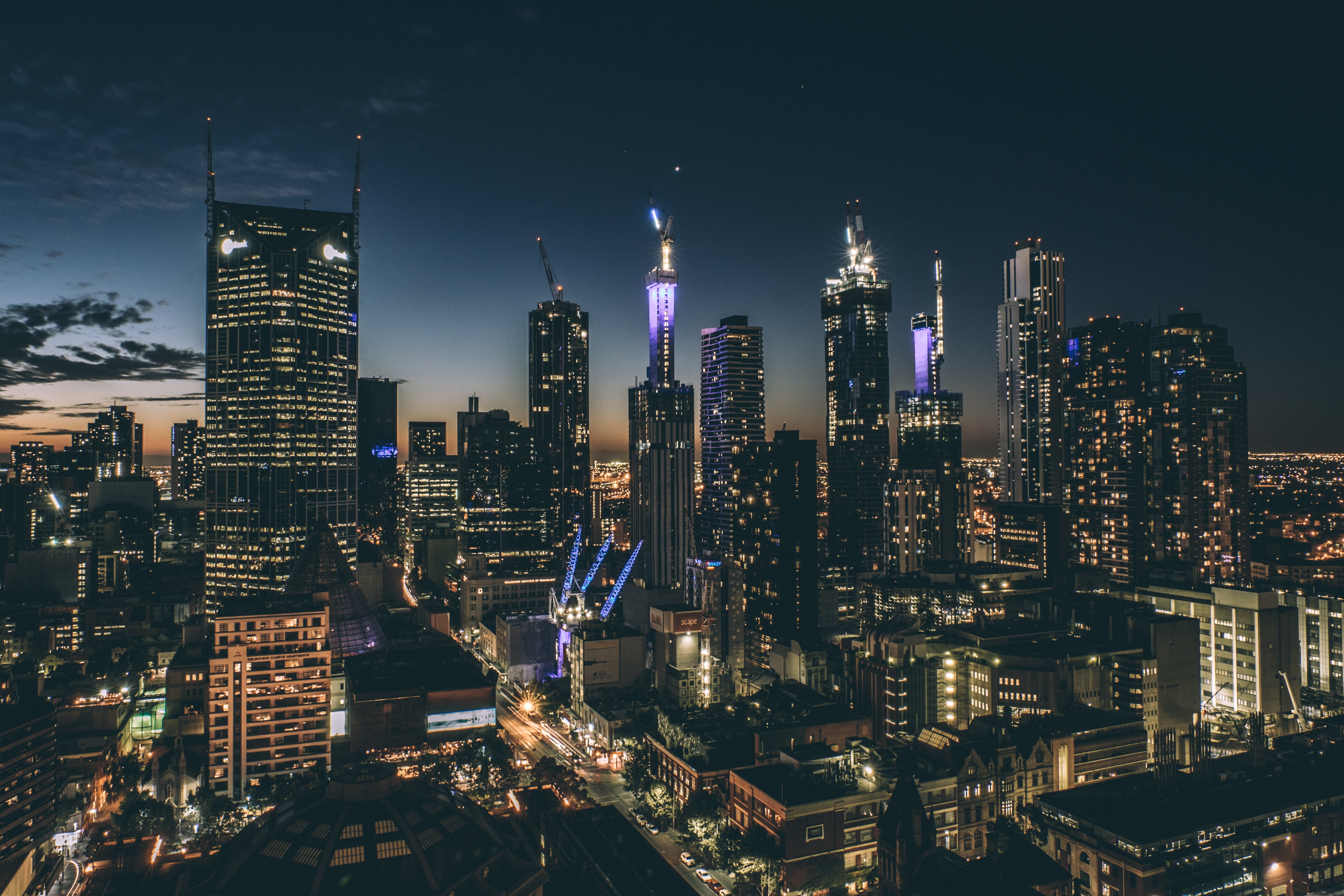 Night sky of a city with tall building.